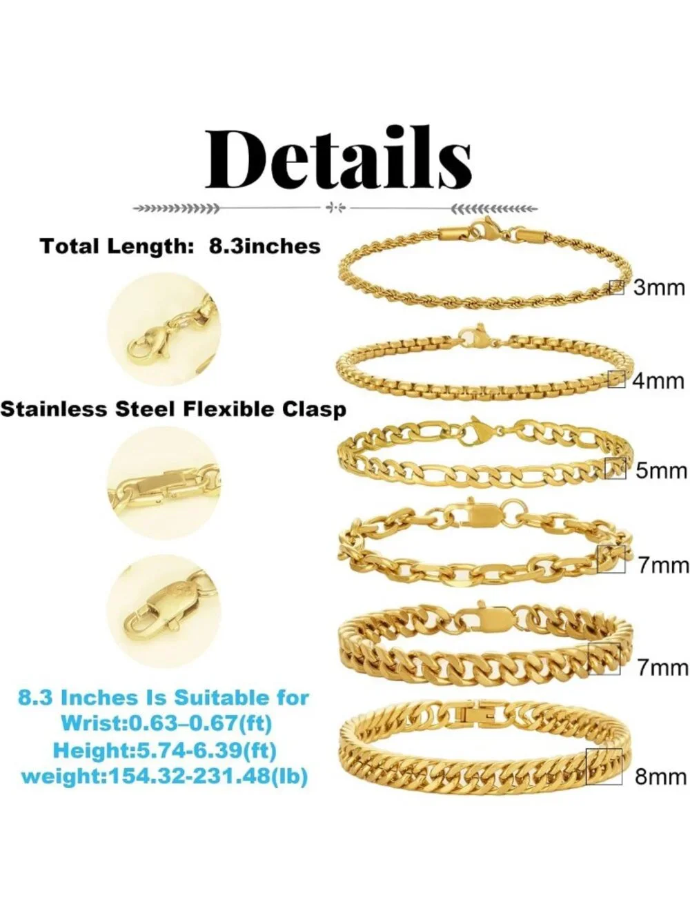 Men's Stainless Steel Bracelet Set - 6pcs Cuban Link & Rope Chains, Fashion
